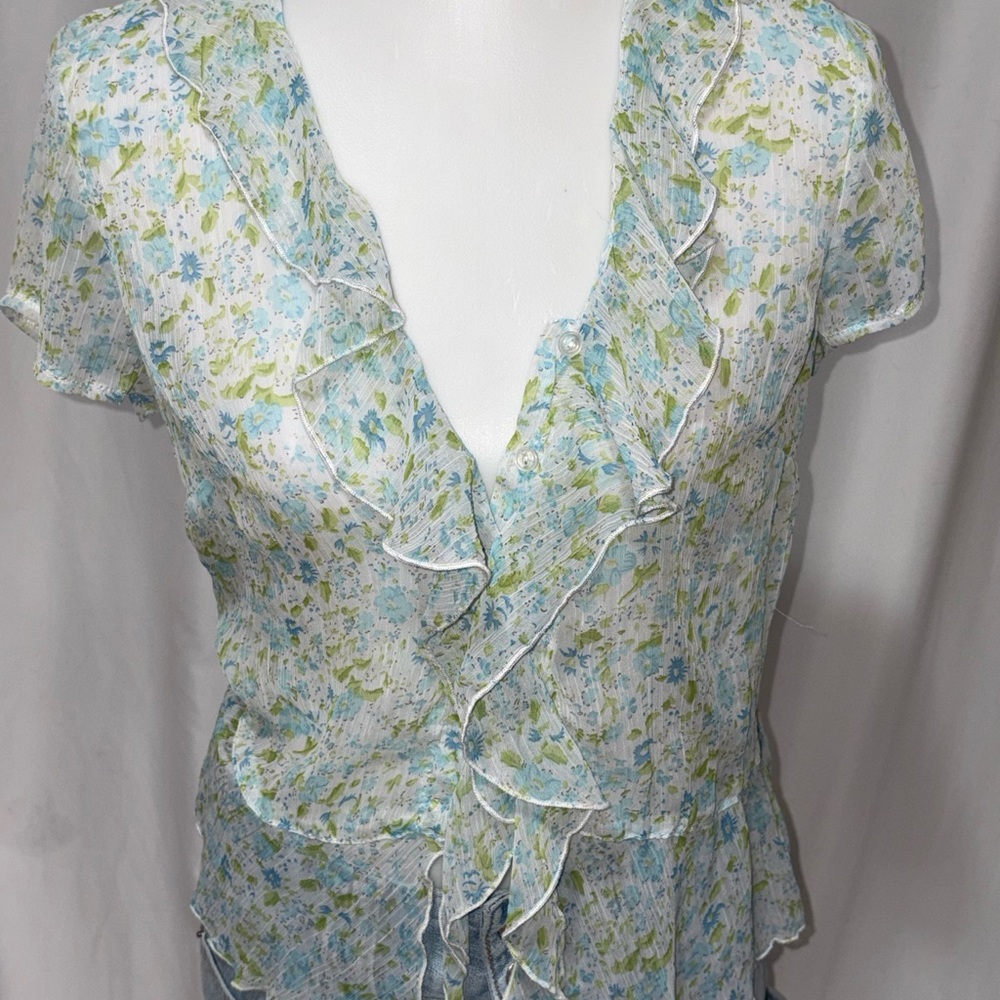 Taylor Light Blue Floral Ruffle-Front Blouse - Picture 2 of 9